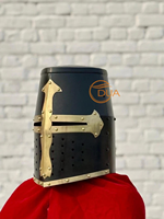 Casque de Chevalier Templier Médiéval Antique avec Croix Dorée, Visière en Acier Noir, Armure pour Costume, Collection, Affichage, Cosplay