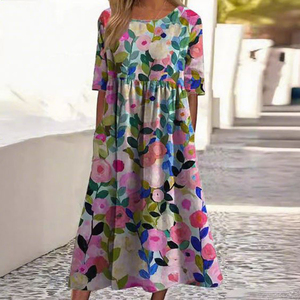 Novedad de verano 2025, vestido de mujer: Vestido suelto, informal, elegante y estampado de cuello redondo de gama alta con cintura suelta - Product Image 3