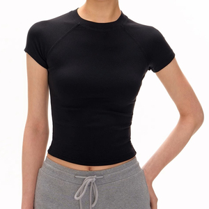 Haute qualité élastique Nylon tissu femmes haut décontracté T-shirt coupe ajustée basique Raglan à manches courtes haut quatre voies Stretch hauts courts - Product Image 1