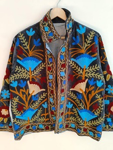 Chaqueta de Terciopelo con Bordado Floral Bohemio, Cuello Mandarín, Manga Larga, Ropa Exterior Informal para Otoño, Tallas Grandes para Adultos - Product Image 4