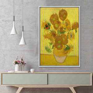 Printed Sunflowers Art Canvas, Van Gogh Reproduction, Vibrant Flower Wall Art,White <b>Framed</b> - Product Image 1