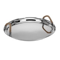 Poignées en cuir en métal Designer fantaisie décoratif en gros équipement de service plateau ovale en acier inoxydable poli miroir