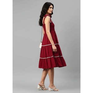 Vestido Deebaco para Mujer, Rojo, Vintage, de Rayón, Corte en A, con Volantes, Cuello Cuadrado, Sin Mangas, Largo Midi, Cintura Imperio, Estilo Occidental - Product Image 3