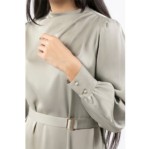 2024 robe de mode européenne et américaine OEM ODM manches longues solide Mono couleur femmes robe en Satin avec ceinture sur la taille - Product Image 3