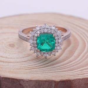 IGI Certified <b>Cushion</b> Cut <b>Emerald</b> Halo Diamond Ring in 9K Gold - Product Image 1