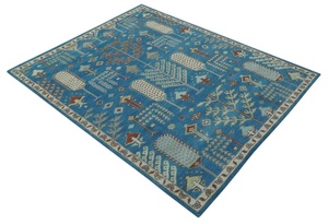 Tapis Oushak bleu ivoire fait à la main tapis en laine de coton de haute qualité porte de maison longue durée Design abstrait belle pièce chaude - Product Image 4