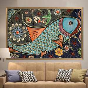 Toile imprimée : œuvre d'art abstraite de poisson, contemporaine, décoration murale colorée, 1P : encadrée or - Product Image 1