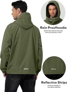 High Quality Men's <b>Olive</b> Green Hooded Waterproof Jacket With Zipper Closure And Packable Design For Men's - Product Image 4