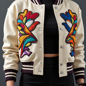 Femmes Crop Laine Varsity Vestes Couleur Unie Collège Laine Veste Dames Automne Hiver Imprimer Broderie Courte Varsity Vestes - Product Image 6