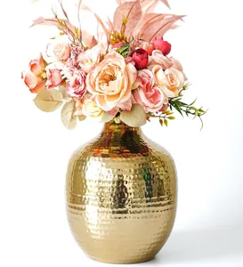 Exquisito Florero Redondo de Hierro Martillado, Florero de Diseño con Acabado Dorado para Dormitorio, Sala de Estar, Mesa y Decoración del Hogar - Product Image 1