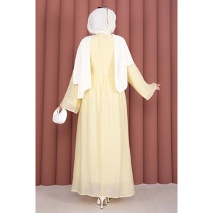 <b>Custom</b> Designed Yellow Chiffon A-Line <b>Dress</b> High Collar Gold Brooch Integrated Bolero Empire Long Floor-Length Available XS XL - Product Image 6
