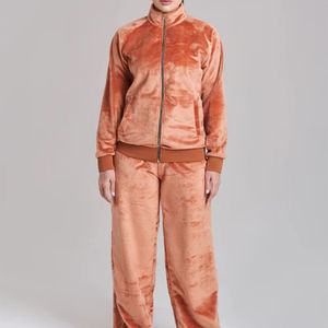 2025 estilo mujer verano Casual sólido dos piezas conjunto de terciopelo manga corta bolsillo con cremallera ecológico traje de secado rápido ropa - Product Image 2