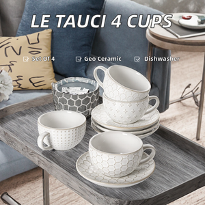 LE TAUCI Set 4 Tazze da Cappuccino da 180 ml con Piattini in Ceramica, Tazza da Espresso, <span class=keywords><strong>Latte</strong></span>, Caffè, Flat White, Lavabile in Lavastoviglie, Design Geometrico - Product Image 3