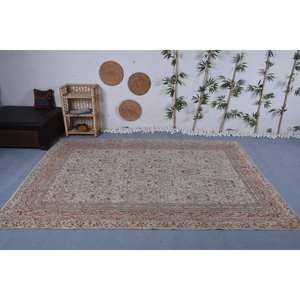 Vintage Turkish Rug Classic Beige <b>Red</b> 6.4 X 9.3ft Large Area Patchwork <b>Wool</b> with Latex Backing for Hallway or Bedroom - Product Image 1
