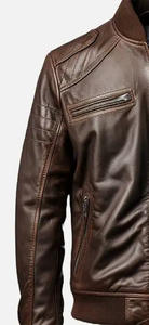 แจ็กเก็ตขี่จักรยานคอตั้งสำหรับผู้ชาย, เสื้อแจ็คเก็ตหนังแกะแท้สีน้ำตาลมีซิปปิด - Product Image 3