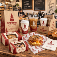 Ensemble d'emballages en papier pour bagels personnalisés AT PACK avec sacs imprimés, papier d'emballage, boîtes, gobelets à café et fournitures à emporter pour café