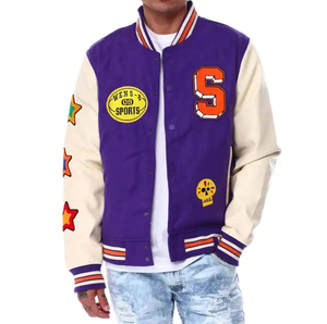 2025 OEM personnalisé chenille plat broderie Patch manches en cuir violet Letterman Bomber Varsity Jacket - Product Image 2
