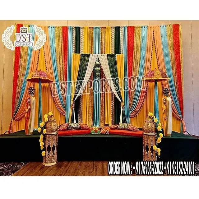 Pretty Background Drapes Decoration For Mehndi Function Asian Wedding Sangeet Stage Manufacturer Colorful Mehndi Stage For Bride