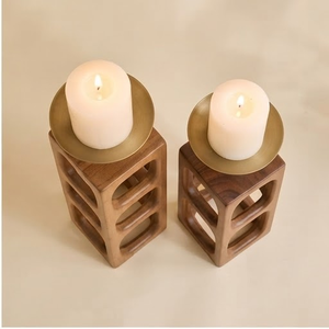 Porte-bougie en bois de manguier fait main, forme carrée, design minimaliste, motif gravé, couleur unie, pour décoration de mariage - Product Image 2