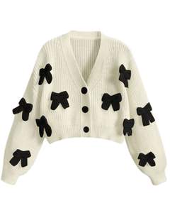 Pull en tricot court blanc pour femme, personnalisé par le fabricant, avec des applications de nœuds noirs, col en V, boutons sur le devant, tendance hiver - Product Image 1