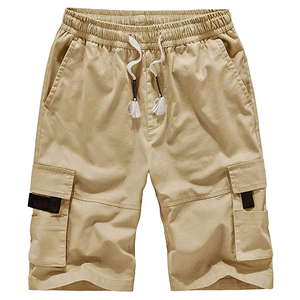Shorts cargo décontractés pour hommes, taille mi-haute, avec cordon de serrage, respirants, en toile 100% coton tissée, couleur unie, avec poches, longueur Bermuda - Product Image 1