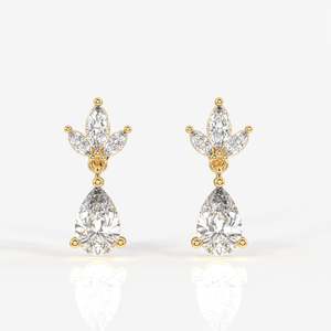 9K Gold Drop <b>Earrings</b> with Pear Cut Lab Grown Diamond Floral Flower Drop Design for Wedding - Product Image 1