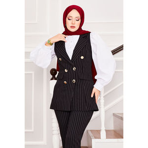 Ensemble deux pièces rayé noir : Gilet à col chemise avec boutons décoratifs et pantalon - Product Image 2