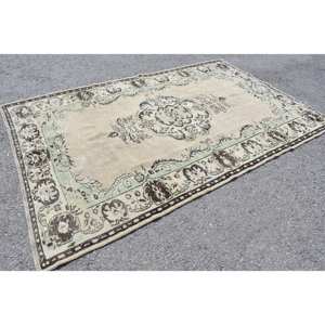 Tapis en Laine Vintage Beige Vert 5.6 X 8.8ft Classique Style Turc Design Patchwork Fait Main pour Chevet Support en Latex - Product Image 2