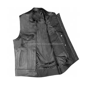 Gilet en cuir véritable sans manches imprimé de logo personnalisé pour hommes avec col montant Vêtements de motard moto d'hiver - Product Image 4