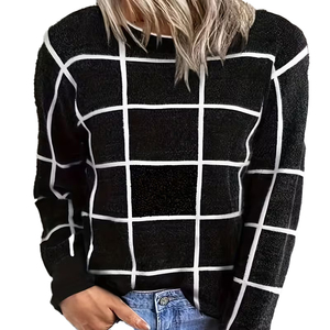 Pull en maille surdimensionné à motif quadrillé tendance, confortable, à épaules tombantes, ample, décontracté, pour femmes, prix de gros, pulls pour femmes - Product Image 1