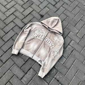 Distressed Washed Thick Cotton Mens Vintage Quarter Zip Heavyweight 450GSM Winter Custom Screen Printed Sunfaded Rhinestone - Product Image 2