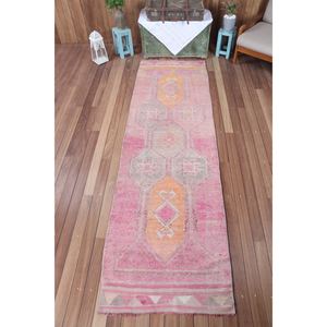 Alfombra Turca de 3x10.2 pies, Alfombra Pequeña Vintage, Alfombra Geométrica Rosa - Product Image 1