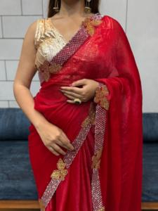 Nouvelle collection de saris de soirée formels en soie georgette brodée avec des travaux de broderie Jeri - Product Image 4