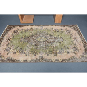 Turkish Vintage Rug, 4.1x7.1 ft Rug, <b>Brown</b> Green Plants & trees <b>Wool</b> Rug - Product Image 3