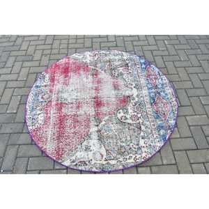 Turkish Round Rug 4.6x4.7 ft, <b>Red</b> Blue Floral Rug <b>Wool</b> - Product Image 3