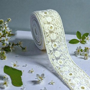 Bordure décorative en dentelle brodée de qualité supérieure, fil blanc doré, pour vêtements, saris, artisanat, vêtements de mariage - Product Image 5