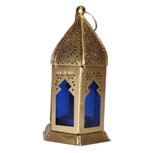 Lanterne vintage en laiton de haute qualité avec verre bleu et finition polie pour la décoration de table Lanterne arabe pour la décoration - Product Image 2