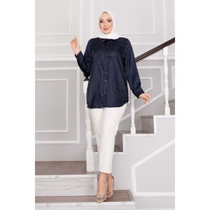 Túnica Azul Marino Jacquard para Mujer, Estilo Vintage Casual, Satén, Popelina, Lino, Algodón, Larga, con Encaje, Talla XL, Solapa, para Otoño y Primavera - Product Image 1