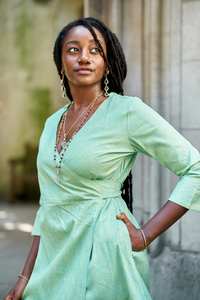 Robe enveloppe verte Dharani, tissage à la main, bohème, pur coton, décontractée, occasionnelle, taille ajustable, mode éthique - Product Image 6