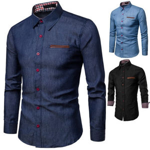 Chemise en jean à manches longues pour homme, coupe ajustée, boutonnée, décontractée, chemise habillée en jean pour homme - Product Image 1