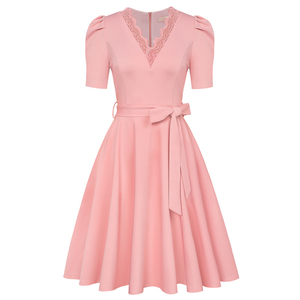Vestido de cintura definida para mujer, manga corta, encaje, cuello en V, sólido, acampanado, línea A, ropa de fiesta, vestidos de primavera para mujer, vestido de los años 50 - Product Image 5