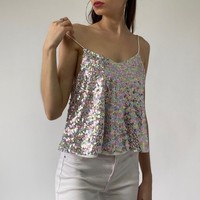 Débardeur Camisole à Paillettes pour Femme, Blouse Décontractée à Bretelles Fines Scintillantes en Polyester Tissé