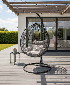 Hanging Egg <b>Chair</b> Black with Stand and <b>Grey</b> Cushion - <b>Rattan</b> Outdoor Swing <b>Chair</b> - Product Image 1
