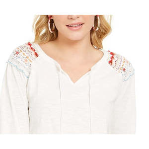 Style Co Women's Floral Embroidered-Shoulder <b>Top</b> Vintage Knitted Fabric Casual Long Length Size XL Natural Size Small for Spring - Product Image 2