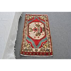 Alfombra turca Vintage de 1,8X3,4 pies, clásica, roja, Beige, área grande, retales de lana, látex, rectángulo abstracto para adolescentes, para pasillo - Product Image 1