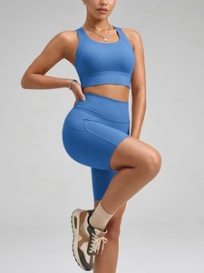 Custom <b>Blue</b> 2 Piece Yoga Set Racerback Crop Top High Waist Shorts Seamless With Pockets Four Way Stretch Spandex Polyester - Product Image 1