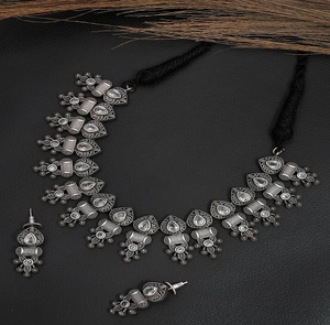 Modern Oxidised <b>Silver</b> AD Studded Banjara Necklace <b>Set</b> for Women Handmade Ethnic Fashion Jewelry Gift Trendy Affordable - Product Image 1