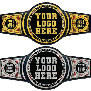 Ceinture de championnat de lutte personnalisée noire avec logo plaqué or et argent, espace pour personnalisation, fabrication artisanale sur mesure. - Product Image 1