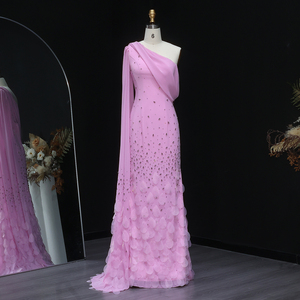 Robe de soirée rose Jancember XD034, asymétrique, pour bal de promo, avec fleurs 3D, coupe ajustée, pour cérémonie ou cocktail. - Product Image 1