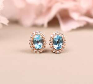 Boucles d'oreilles ovales en aquamarine Halo en argent sterling Bijoux élégants en pierres précieuses pour femmes - Product Image 5